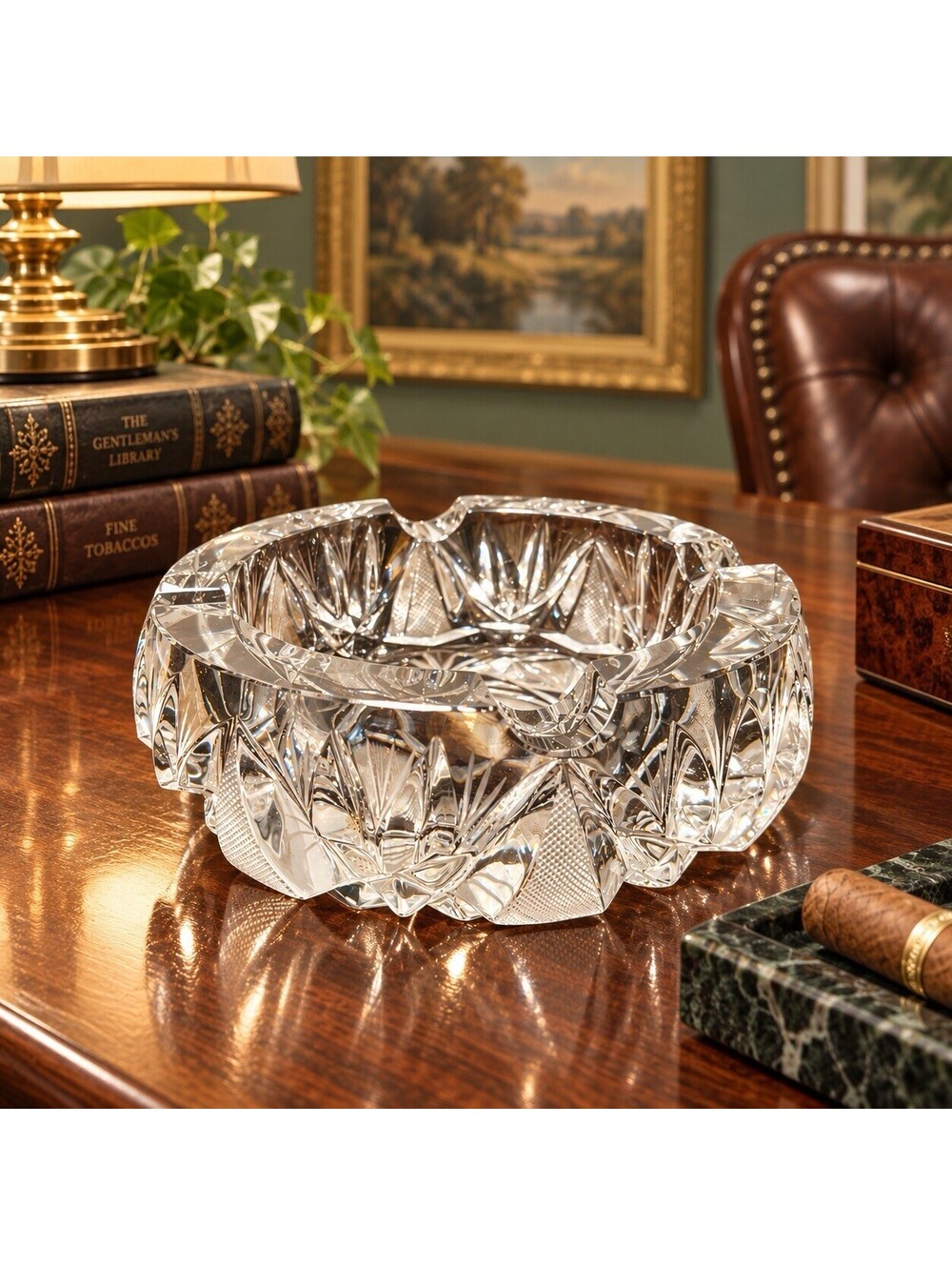 ABP Antique 1900s Cigar Ashtray Hobstar Cane Cut Lead Crystal, 6x2.5"